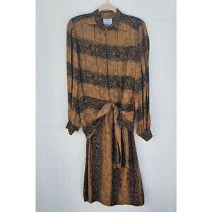 Vintage Francesca of Damon Dress Womens Size 14 Silk Gold Black Pleated Tie 80s